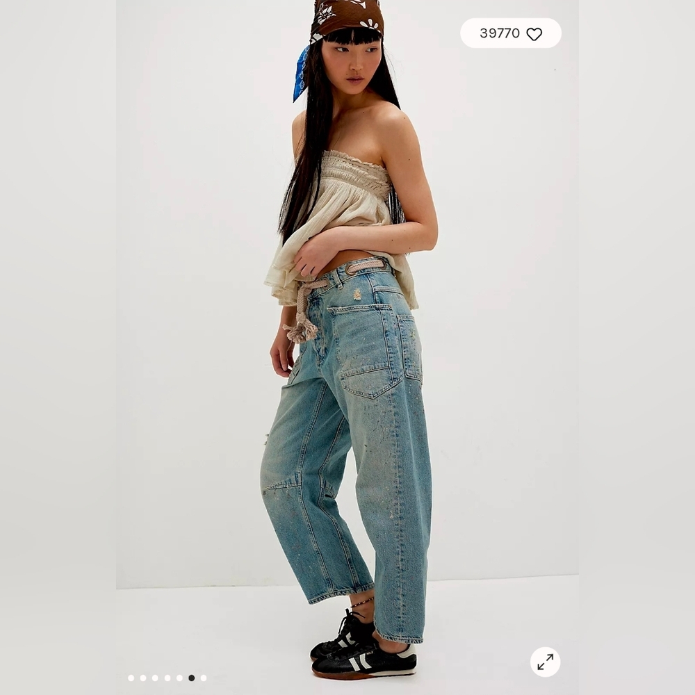 New Free People We The Free Moxie Pull-on Barrel Jeans / Union Blue - Picture 5 of 8